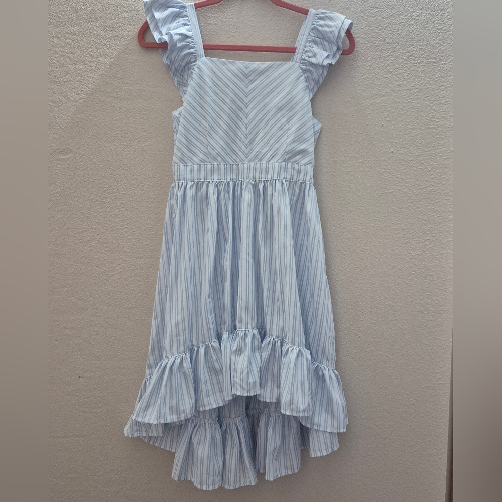 Habitual Girl Light Blue Striped High Low Ruffled  Kids Dress